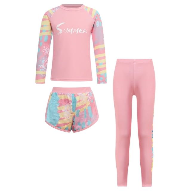 Doomiva Girls Long Sleeve Rash Tops with Swim Shorts Pants Bathing Suit UPF 50+ Rash Guard Swimsuit Pink 2-3