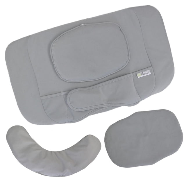 Ergö: Complete Ergonomic Cushion Set in grey, featuring a large rectangular base cushion with a reversible wedge pillow and adjustable strap, plus two ergonomic cushions—a crescent-shaped and an oval pillow—made with soft, breathable, machine-washable fabric for optimal baby support and comfort, suitable as chair pads in dining settings.