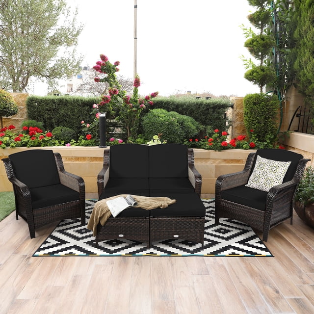 Costway 5PCS Patio Rattan Furniture Set Loveseat Sofa Ottoman W/Black Cushion