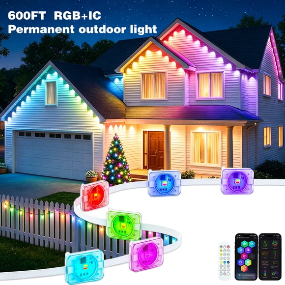 Lumières Extérieures Permanentes de 600 Pi RVBIC, Guirlandes d'Avant-toits Étanches IP67, Application et Télécommande, Synchronisation Musicale, Minuterie MyDIY, Installation Facile pour Patio, Ligne de Toit, Jardin, Terrasse, Clôture, Décor des Fêtes
