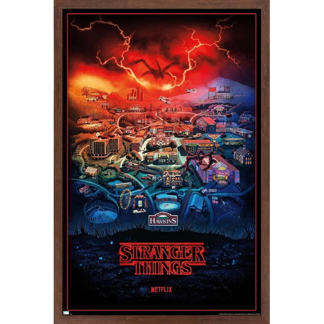Netflix Stranger Things : Saison 4 - Hawkins, Affiche Murale de l'Indiana Présentant une Carte Encadrée Détaillée Illustrée de Hawkins avec des Routes, des Bâtiments et des Monuments sous un Ciel Rouge Orageux avec des Éclairs et une Figurine de Monstre Ombrée, Convient à la Déco Maison et aux Fêtes à Thème.