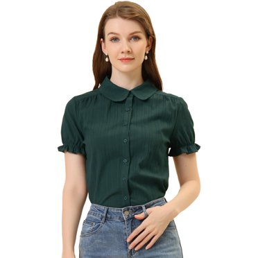 INSPIRE CHIC Hauts Vintage pour Femmes Col Peter Pan Chemisiers en Coton Boutonnés Vert Foncé TG