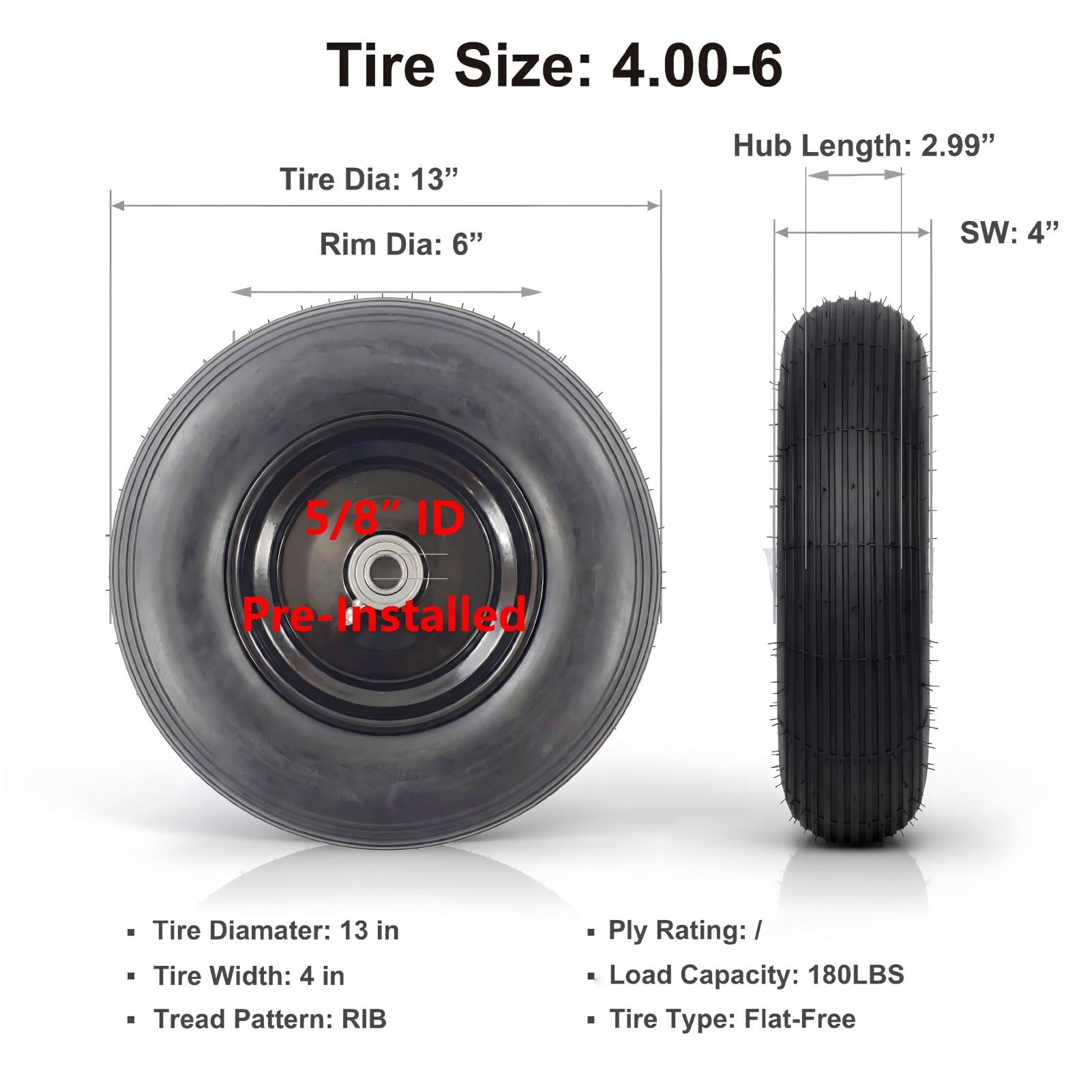 Hi-Run Ribbed 13 Inch Pneumatic 4.00-6 Wheelbarrow Tire 2PR Assembly with 5/8" Bushing Pre-Mounted