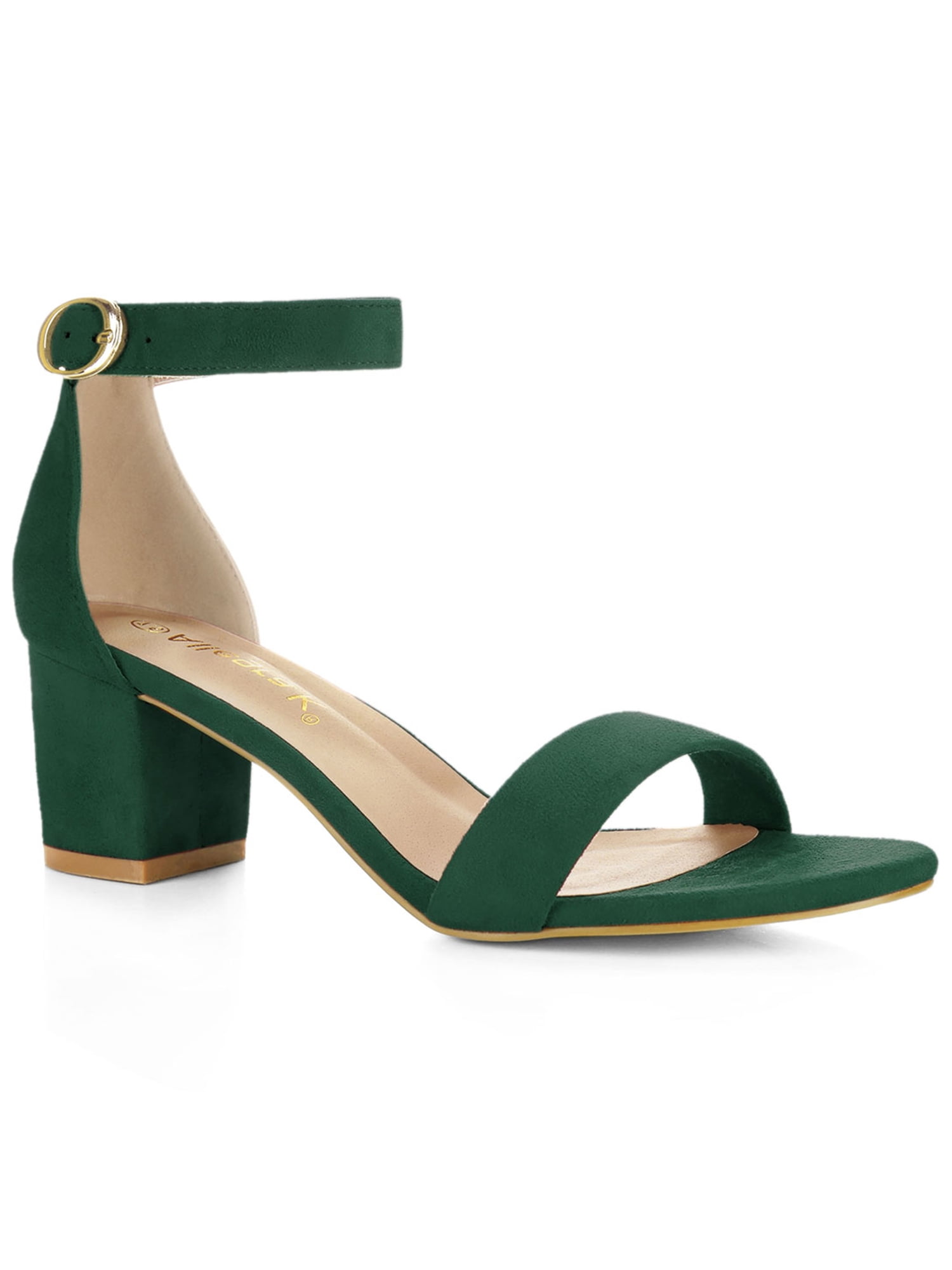 BLISSFUL STEP Women's Shoes Open Toe Mid Block Heel Ankle Strap Faux Suede Sandals Emerald Green 9