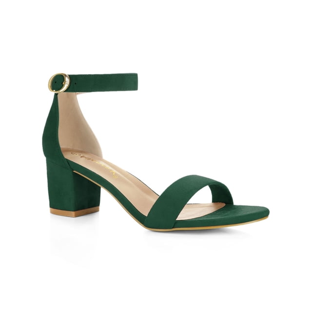 BLISSFUL STEP Women's Shoes Open Toe Mid Block Heel Ankle Strap Faux Suede Sandals Emerald Green 9