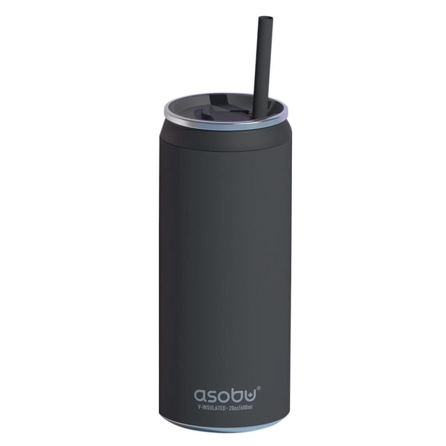 Asobu Multi Can Kuzie Noir Mat à Double Paroi Isolé sous Vide Gobelet 20 Oz/600 ml avec Couvercle Multi-Adaptateur et Paille Réutilisable, Convient aux Canettes standard de 12 oz et Minces, Convient à l'Équipement de camping pour Garder les Boissons Froides Ou Chaudes pendant des Heures.