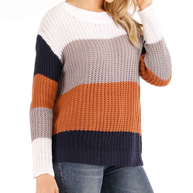 Hauts de Chandail à Enfiler pour Femmes Manches Mode pour Femmes Col Rond Agencement de Couleurs Hauts Amples Blouse Chandail Tricoté Hauts de Chandail Amples pour Femmes P-207 Brun G