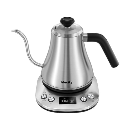 Mecity Electric Gooseneck Kettle With LCD Display Automatic Shut Off Retro Coffee Kettle Temperature Control Hot Water Boiler to Pour Over Tea 1200 Watt Quick Heating Tea Pot 0.8L Stainless Steel