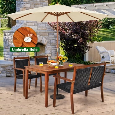 Costway Ensemble de Salle à Manger de Patio en Rotin 4 Pcs Cadre en Bois d'Acacia Chaise Causeuse