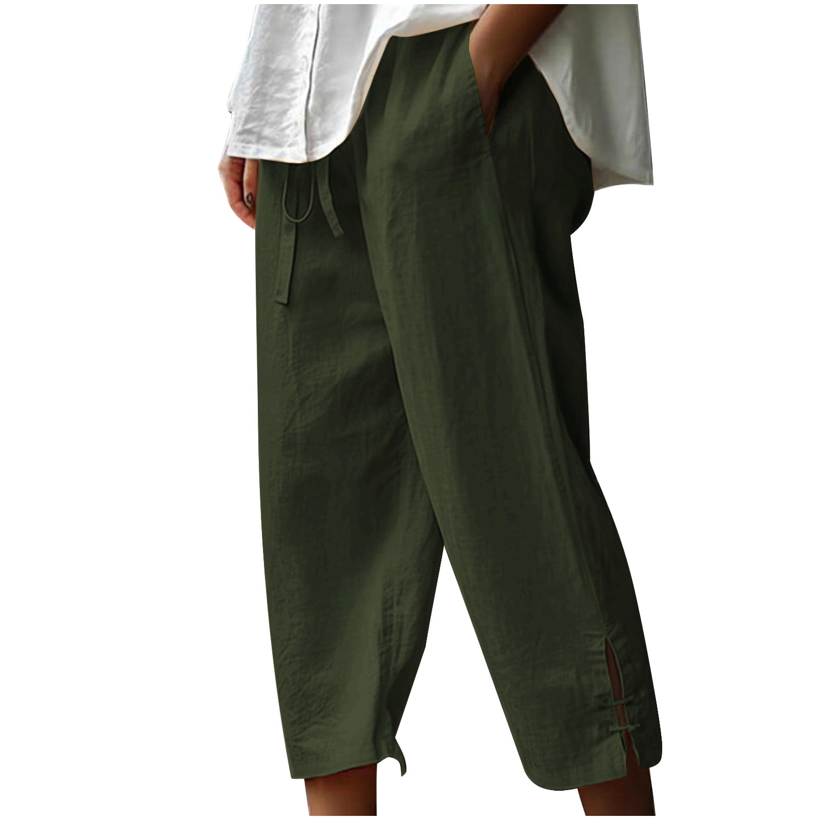 Timegard Womens Cotton Linen Pants Elastic Waisted Drawstring Capri Pants Casual Loose Trousers with Pockets