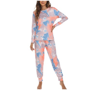 XZNGL Pajama Set for Women Pants Women Fashion Tie-Dye Print Long-Sleeved Trousers Pajama Set Two-Piece Women Pajama Pants