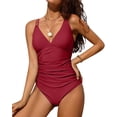 thumbnail image 3 of Charmo Women V Neck One Piece Swimsuits Tummy Control Runched Monokini Bathing Suits, 3 of 7