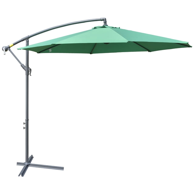Outsunny 10ft Offset Patio Umbrella with Base, Hanging Parasol, Green. Offset cantilever design with crank winding mechanism for easy operation. Made of UV and water-resistant green polyester fabric supported by 8 ribs and a durable black powder-coated metal frame. Includes a cross base for stability, ideal for patio shade, gardens, and poolside use.