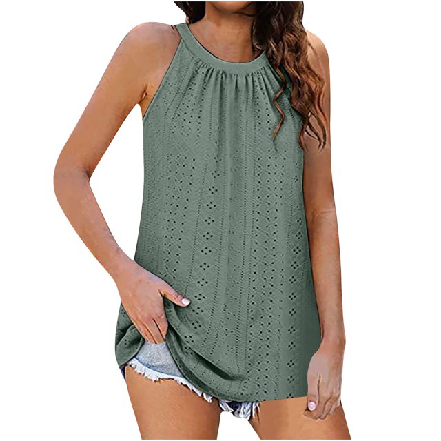 Timegard Camisole à Oeillets pour Femmes Col Rond Froncée Sans Manches Confortable Décontractée T-Shirts Été