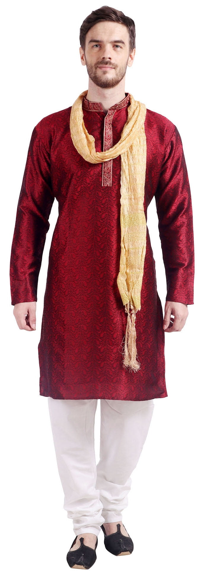 Men's Kurta Pajama with Scarf Wedding Party Wear (Maroon, S)