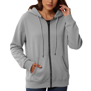 Aocisk Womens Zip Up Hoodie Fashionable Casual Pocket Zipper Long Sleeved Hooded Solid Color Sweatshirt for Streetwear Light Gray XXL