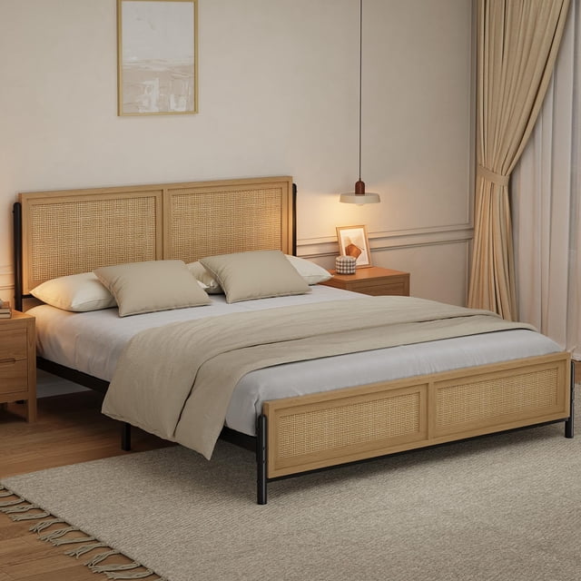 GloryStar Bohemian Wooden Platform Bed featuring a natural rattan headboard and footboard with a woven design, supported by a quiet metal frame. The bed offers 8.3 inches of underbed storage space and measures 83.4 inches long, 60.9 inches wide, and 43.7 inches high. It includes robust steel slats and nine support legs for stability, supporting up to 800 lbs. The bed is shown in a cozy bedroom setting with neutral decor, no box spring required.