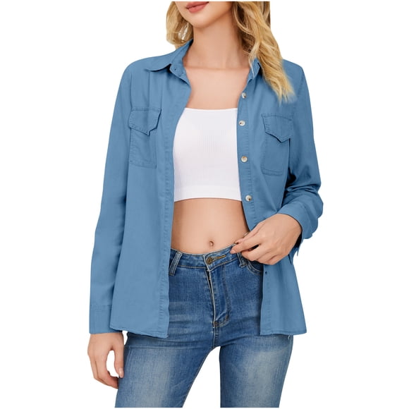 Womens Oversized Jean Denim Jacket Women's Long Sleeve Jean Jacket Lapel Hooded Denim Coat/Jacket Button up Long Sleeve Basic Trendy Trucker Jackets S-171 Blue S