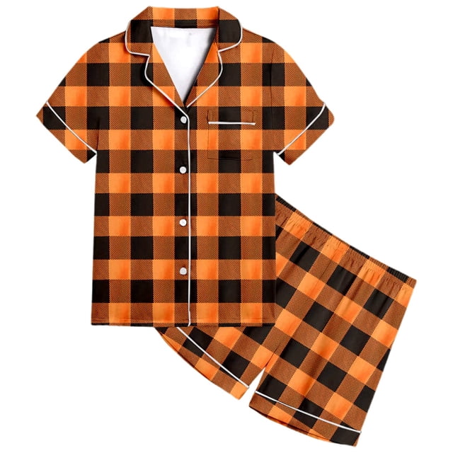MIASHUI Pyjama pour Enfants Filles Garçons, Doux et Confortable, à Carreaux, Ensemble de 2 Pcs, Orange, 6-7 Ans
