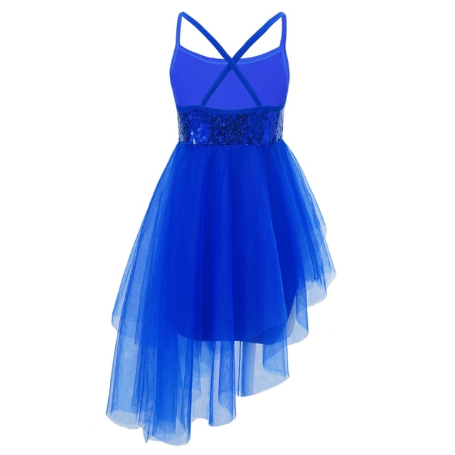 Jizyo Robe de Danse Lyrique à Sequins pour Filles Robe Tutu de Ballet Dos Croisé Justaucorps de Gym une Pièce Tenues de Danse Bleu Foncé m