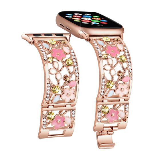Duoan Bracelet Floral Compatible avec Apple Watch Band 38mm 40mm 41mm iWatch Bands Series 9 8 7 6 5 SE, Bracelet en Métal Creux Cristal Bling Mignon, Bracelet Habillé pour Femmes (38/40/41mm Or Rose)