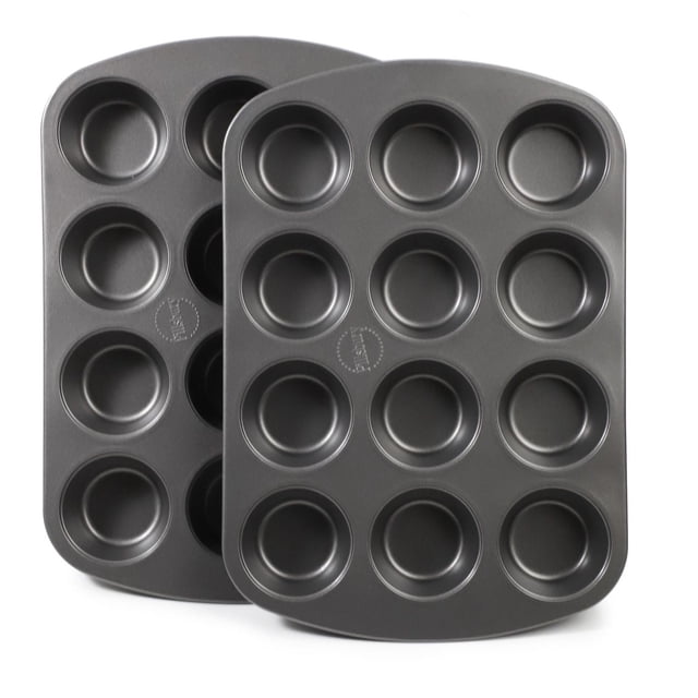 PILLSBURY NON STICK 12-CUP MUFFIN PAN SET - 2 PIECES with two grey carbon steel bakeware pans, each having 12 round non-stick coated muffin cups for even heating and easy cleanup, ideal for baking muffins, cupcakes, or individual savory dishes.