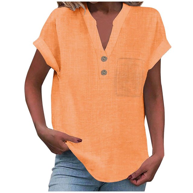 T-Shirts Femmes Plus Mode Décontractée Col en V Boutonné Manches Courtes avec Poches - Hontri