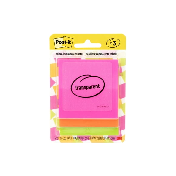 Feuillets transparents 600-3COL Post-it®, 73 mm x 73 mm (2 7/8 po x 2 7/8 po)