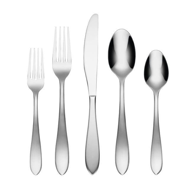Cambridge Delia Mirror 18/0 20 Piece Flatware Set showing five pieces front-facing: salad fork, dinner fork, dinner knife, dinner spoon, and teaspoon in polished stainless steel with a classic design, ideal for dining and entertaining with service for four.