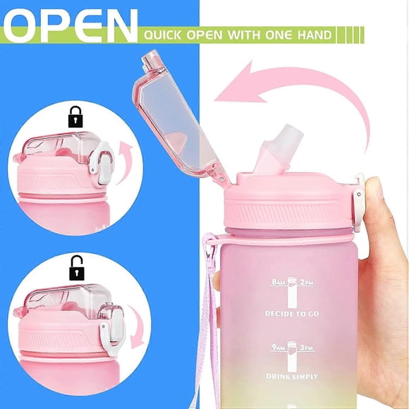 1 Liter Sports Water Bottle with Straw and Time Markers, Leak Proof Time Bottle with BPA Free Lid (1000ml, Gradient Pink)