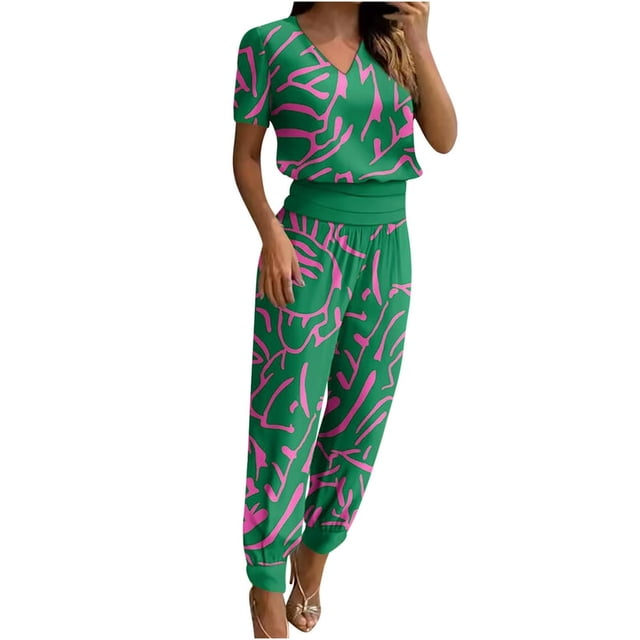 Ensemble 2 Pcs pour Femmes Été Col Uni Manches Courtes Blouse Haut + Pantalon Ample avec Poches