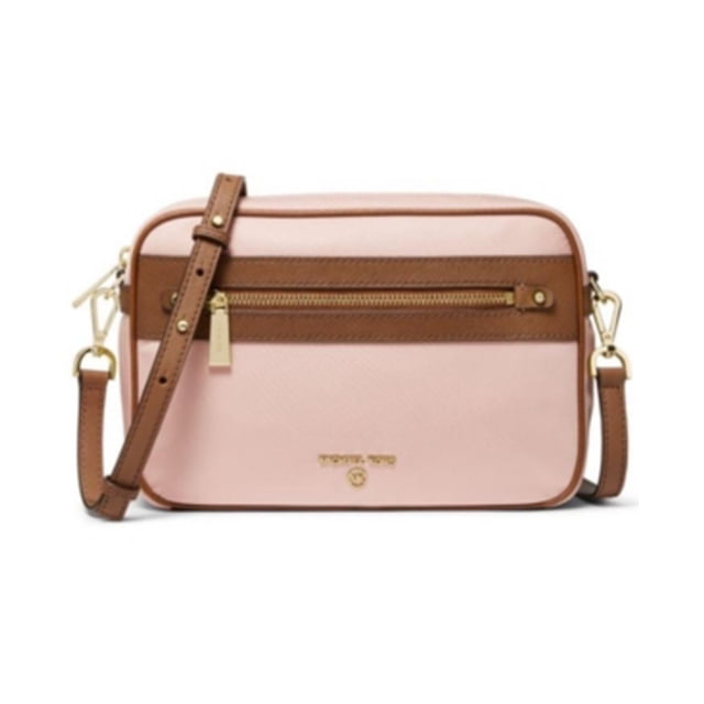 Michael Michael Kors Jet Set Charm East West Crossbody shoulder bag in a pink and brown color combination. Features a rectangular silhouette with a front zip pocket, gold-tone hardware, and an adjustable strap. The Michael Kors logo is displayed on the front.