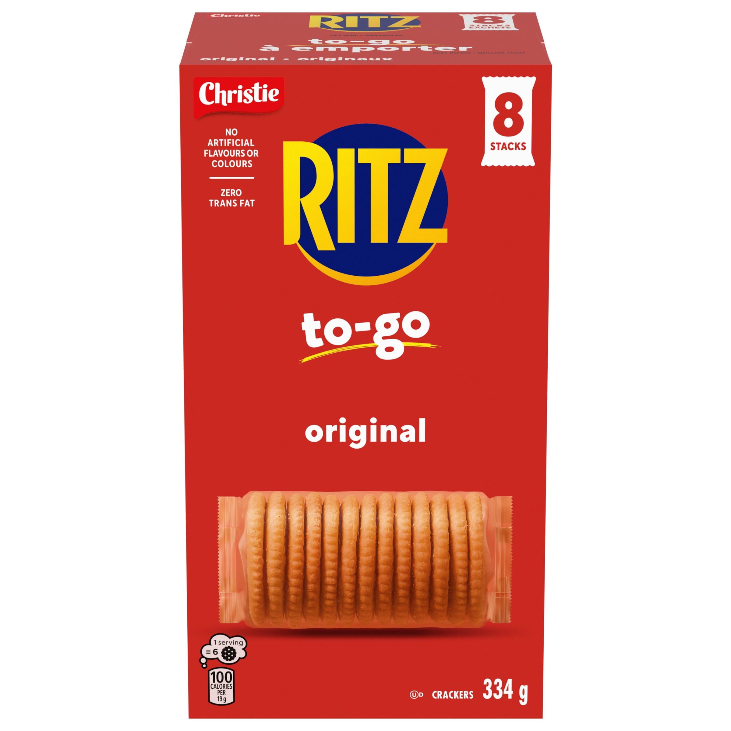 RITZ To-Go Craquelins Originaux, Paquet de 8 piles de craquelins individuellement emballées, Format Portable, Snack Pratique à Emporter, Dîner & Snack de Voyage, 334g