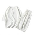 thumbnail image 1 of Two Piece Pants Sets Mens Two Piece Solid Cotton Linen 3/4 Sleeve V Neck Tops and Shorts Set, 1 of 10