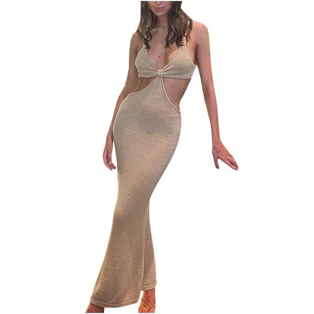 Fridja Womens Ruffle Back Elegant Temperament Slim Evening Sling Dress