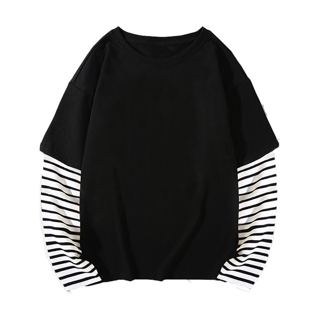 Boys Girls Summer Tops Tees Sweatshirt Fall Patchwork Long Sleeve Cotton Blend False Two Piece Striped Top Spring Shirts For Boy 3-4T