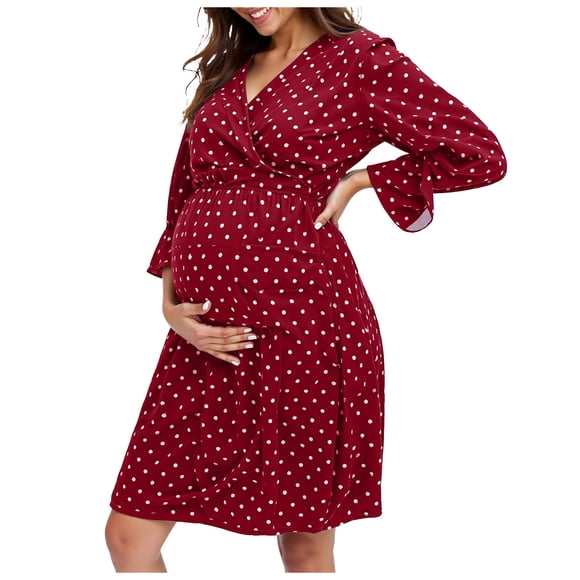 dmqupv Baby Shower Maternity Dress Maternity Dress Comfortable Soft Fashion Polka Dot Mid Sleeve Maternity Dress Wine,Size for S