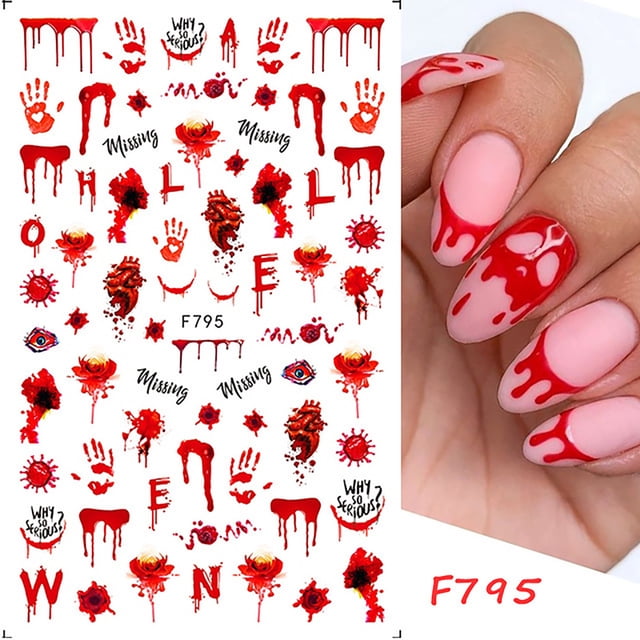 TopLLC Nail Stickers featuring Halloween-themed designs in red, including dripping blood, handprints, roses, and text like 'Why so serious?' and 'Missing.' The ultra-thin, self-adhesive decals measure 12.5x7.5cm and are suitable for natural or artificial nails. These stickers are easy to apply and remove, making them ideal for quick Halloween nail art transformations. They can also be used to decorate items like phones, books, and glass.
