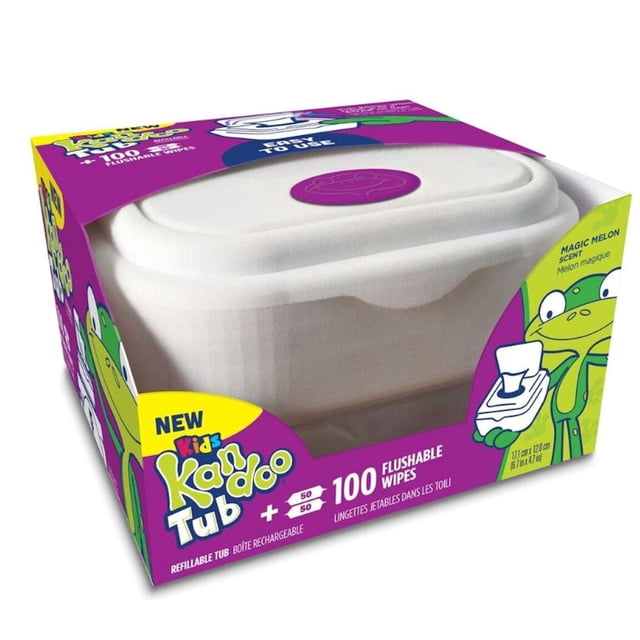 Toddler Wipes in a white refillable tub with a purple push-button lid, packaged in a purple and yellow box featuring a green cartoon frog, containing 100 flushable wipes scented with magic melon, sized for little hands and easy for kids to use.