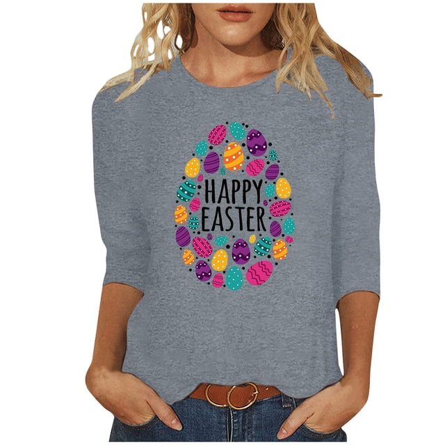 RKSTN Hauts Grande Taille pour Femmes Oeufs de Pâques Lapin Mignon Imprimé Coupe Ample Hauts Col Rond Manches 3/4 Printemps Été Blouse Douce Hauts