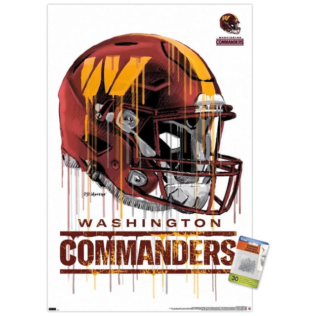 NFL Washington Commanders - Affiche Murale « Drip Helmet 22 », 14,725 Po x 22,375 Po Encadrée avec un Casque de football Bordeaux Orienté vers l'Avant, des Effets de Goutte de Peinture Jaune et un Masque Facial sur Fond Blanc, avec logo et Texte « Washington Commanders », Convient à la Déco Intérieure à Thème Sportif.