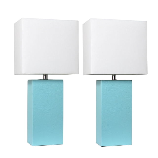 Elegant Designs 2 Pack Modern Leather Table Lamps with white fabric shades and rectangular light blue leather bases, designed for home or office use, also suitable as stylish bedside lighting.