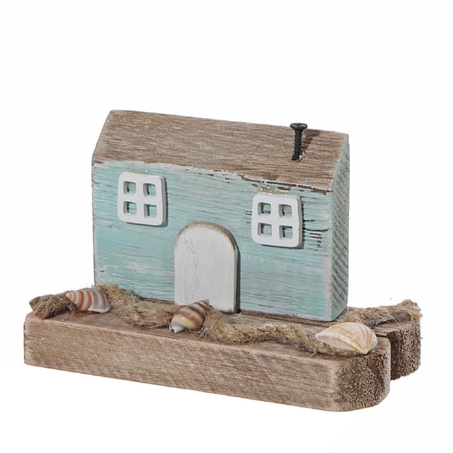 Maison en Bois au Bord de la Mer, décor de Table Présentant une Maison en Bois Turquoise avec des Fenêtres et une Porte Blanches sur une base en Bois Naturelle Ornée de Corde et de Coquillages, Convient pour Rehausser des Étagères Ou des Manteaux à Thème Côtier.