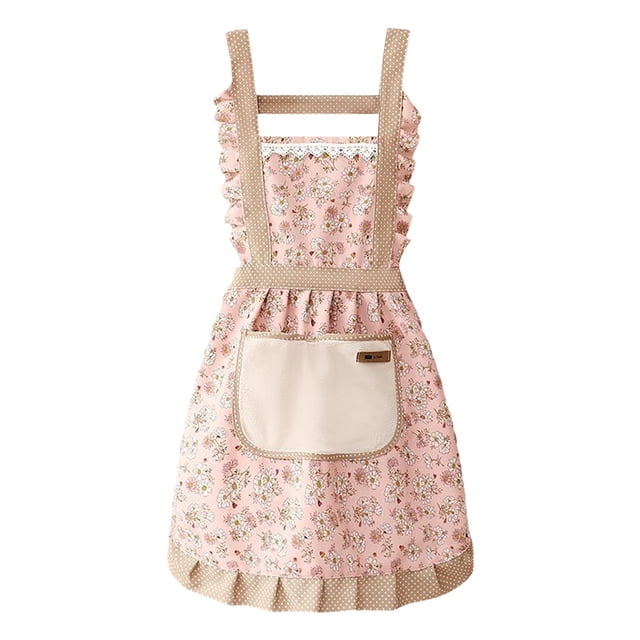 VogueV Heavy-Duty Cotton Apron with Adjustable Straps, Waterproof Kitchen Cooking Apron in pink with a floral print, ruffled edges, and a large front pocket. Designed for women, this canvas apron is soft, skin-friendly, and perfect for kitchen linens, cooking, baking, gardening, and oil prevention.