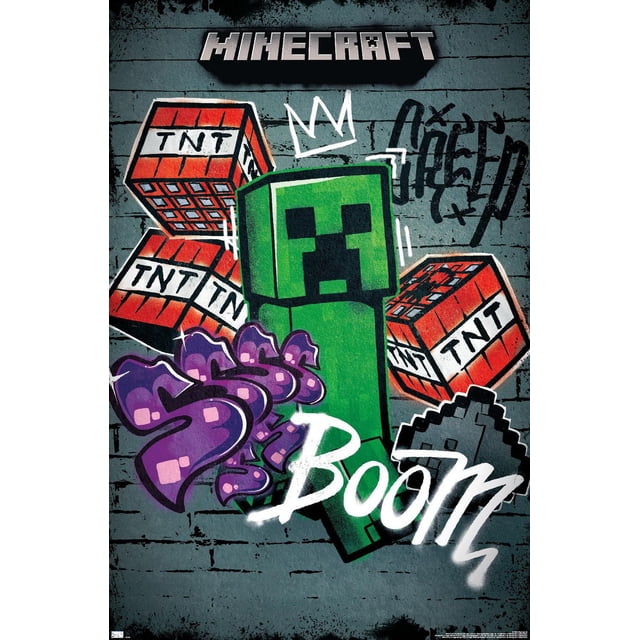 Minecraft - Creeper Do Not Enter Wall Poster, 22.375" x 34", shows a front-facing green Creeper with a black pixelated face, surrounded by red TNT blocks labeled 'TNT' and purple graffiti art on a gray brick wall. The word 'Boom' is spray-painted in white. This glossy poster is suitable for decorating bedrooms, game rooms, or offices.