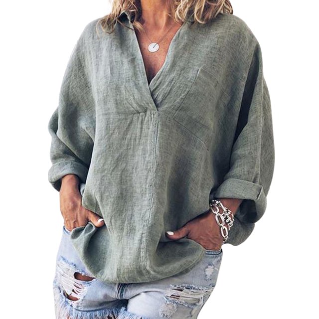 MAWCLOS Women Blouse V Neck Shirts Long Sleeve Tops Loose Beach Solid Color Pullover Gray Green XL