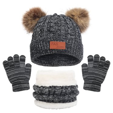 Kids Winter Hats Gloves Scarf Set Kids Warm Mittens Soft Cap Fleece Lined Toddler Beanie Hat for Boy Girl 3 In 1 Knitted Fleece Lined Hat Scarf Gloves Set My Orders Black 1-11 Years