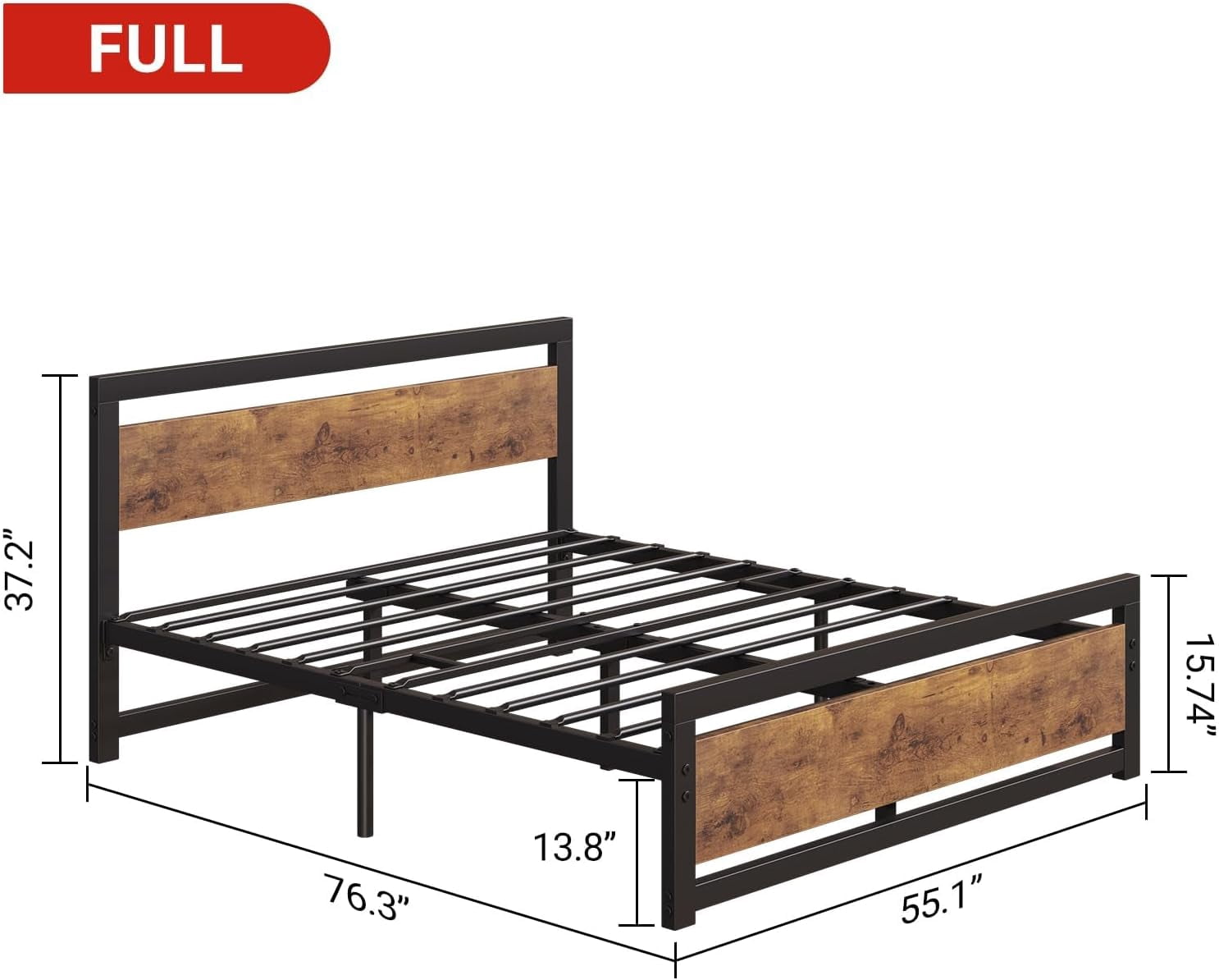 Bingirl Full Size Industrial Bed Platform with Headboard, Easy to Assemble, Retro Brown Mattress Frame without Box Spring