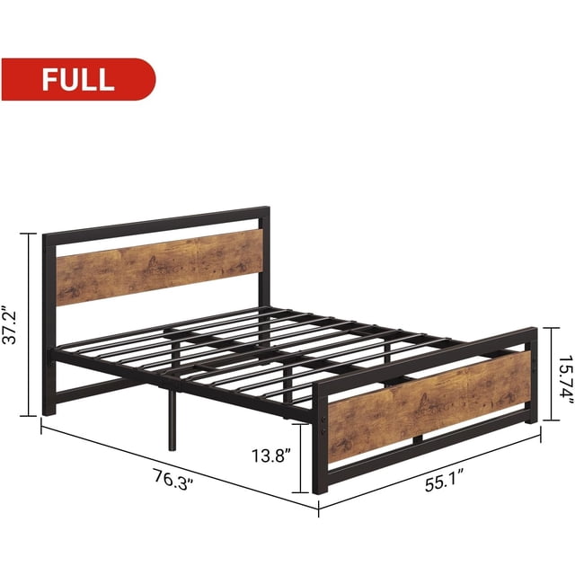 Bingirl Full Size Industrial Bed Platform with Headboard, Easy to Assemble, Retro Brown Mattress Frame without Box Spring