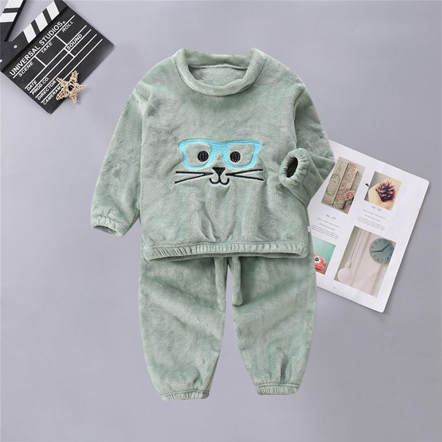 Pyjama à Manches Longues Costume Confort Col Rond Motif Dessin Animé Vêtements de Nuit pour Filles Vert 3Y-4Y